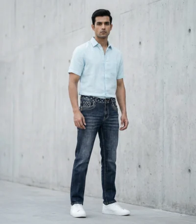 Slim Fit Navy Blue Monogram Waistband Denim Jeans for Men (1)