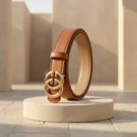 Slim Tan Leather Women's Belt with Gold Double G Buckle (1)