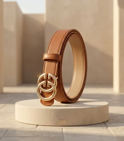 Slim Tan Leather Women's Belt with Gold Double G Buckle (1)