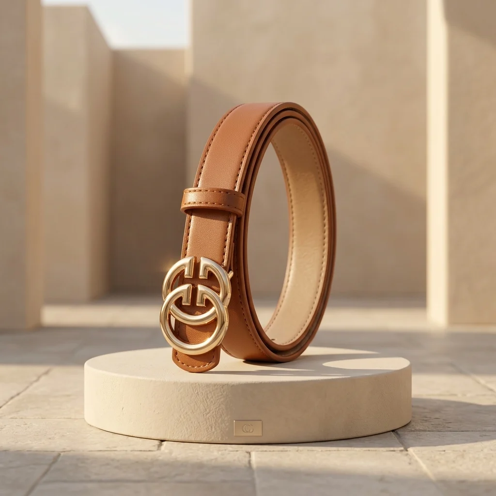 Slim Tan Leather Women's Belt with Gold Double G Buckle (1)