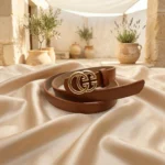 Slim Tan Leather Women's Belt with Gold Double G Buckle (2)