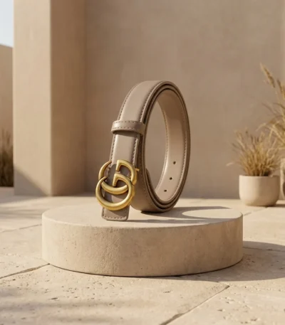 Slim Taupe Leather Women's Belt with Antique Gold Double G Buckle (2)