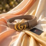 Slim Taupe Leather Women's Belt with Antique Gold Double G Buckle (3)