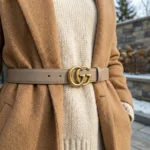 Slim Taupe Leather Women's Belt with Antique Gold Double G Buckle (4)
