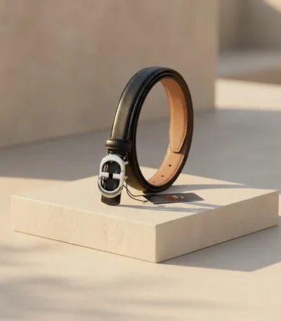 Slim black women's belt with a silver oval monogram buckle (3)