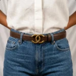 Slim brown leather women's belt with antique gold CC interlocking buckle (1)