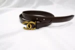 Slim brown leather women's belt with antique gold CC interlocking buckle (1)
