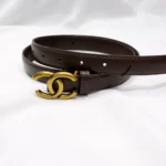 Slim brown leather women's belt with antique gold CC interlocking buckle (1)