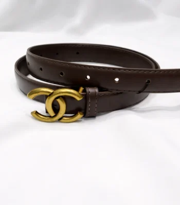 Slim brown leather women's belt with antique gold CC interlocking buckle (1)