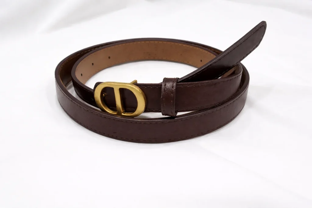 Slim dark brown leather belt for women featuring a matte gold oval CD buckle (1)
