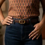 Slim dark brown leather belt for women featuring a matte gold oval CD buckle (2)