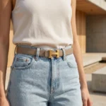 Slim taupe leather women's belt with gold H motif buckle, premium fashion accessory (1)