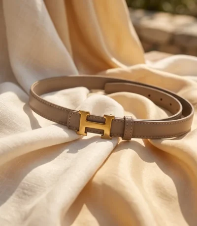 Slim taupe leather women's belt with gold H motif buckle, premium fashion accessory (5)