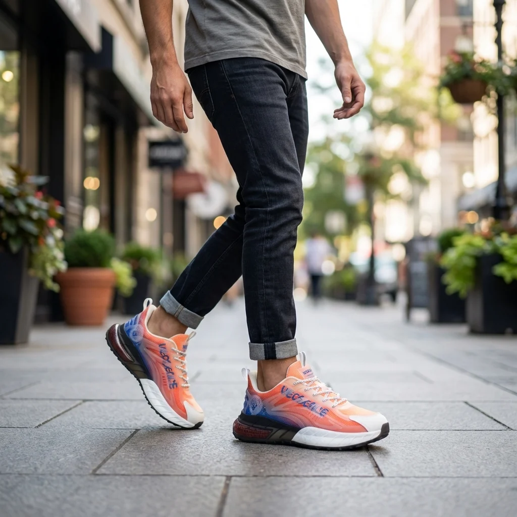 Versace Men’s orange and blue gradient sneakers with translucent TPU cage and white chunky sole (3) Versace Men’s orange and blue gradient sneakers with translucent TPU cage and white chunky sole (3)