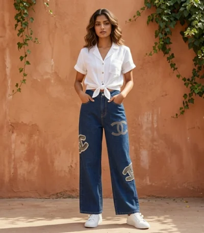Woman wearing Chanel high waisted wide leg indigo denim jeans with pearl CC logo embellishments (4)