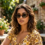 Woman wearing Saint Laurent tortoiseshell cat eye sunglasses with gold YSL logo on temple (2)