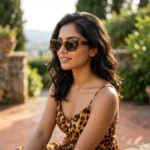 Woman wearing Saint Laurent tortoiseshell cat eye sunglasses with gold YSL logo on temple (3)