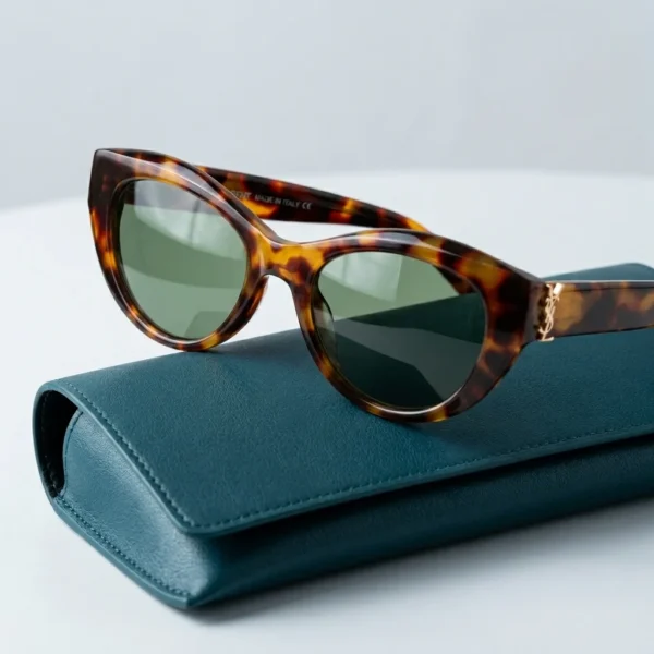 Woman wearing Saint Laurent tortoiseshell cat eye sunglasses with gold YSL logo on temple (4)
