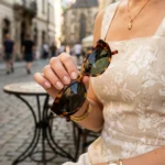 Woman wearing Saint Laurent tortoiseshell cat eye sunglasses with gold YSL logo on temple (7)