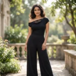 Woman wearing a premium black off shoulder top (2)