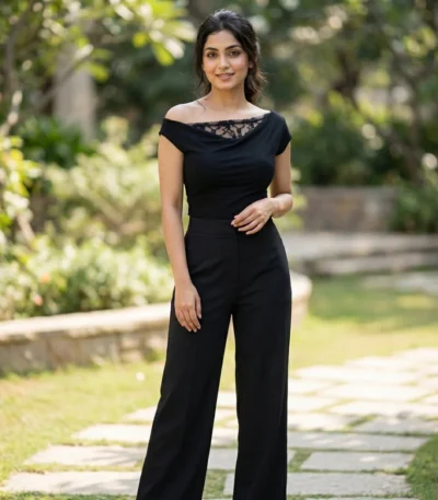 Woman wearing a premium black off shoulder top (3)