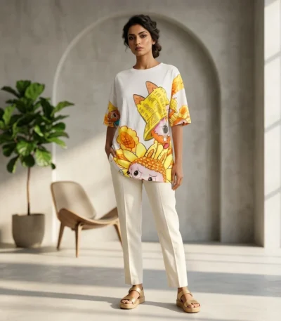 Woman wearing a white oversized graphic t shirt with sunflower and character prin (1)
