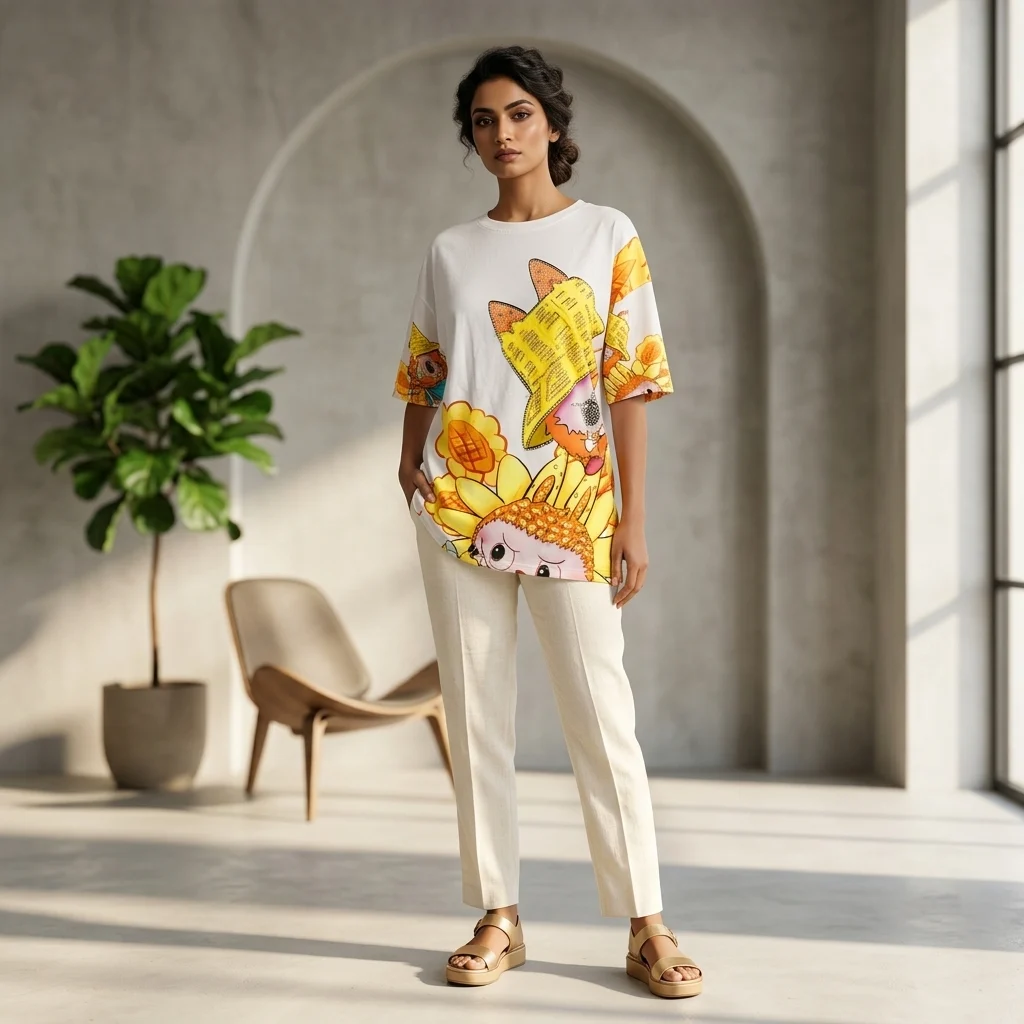 Woman wearing a white oversized graphic t shirt with sunflower and character prin (1)