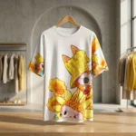 Woman wearing a white oversized graphic t shirt with sunflower and character prin (2)