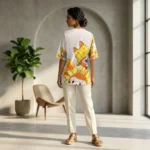 Woman wearing a white oversized graphic t shirt with sunflower and character prin (3)