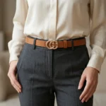 Women wearing a tan leather belt with a gold interlocking buckle on grey formal trousers (2)