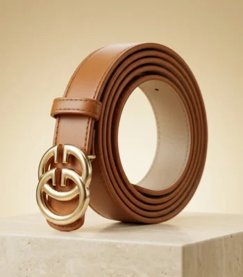 Women wearing a tan leather belt with a gold interlocking buckle on grey formal trousers (3)