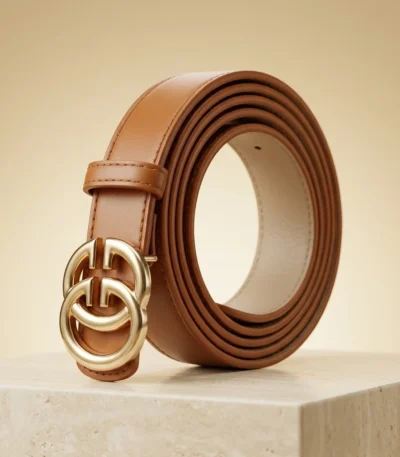 Women wearing a tan leather belt with a gold interlocking buckle on grey formal trousers (3)