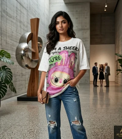 Women's Aurora Fashions white oversized t shirt with pink beaded bunny graphic and colorful motivational text on back (1)