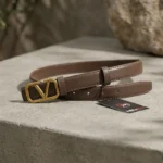 Women's Brown Leather Belt with Gold V Logo Buckle (1)