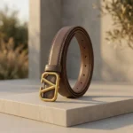 Women's Brown Leather Belt with Gold V Logo Buckle (3)