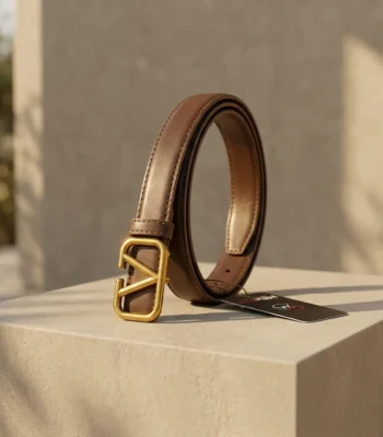 Women's Brown Leather Belt with Gold V Logo Buckle (4)