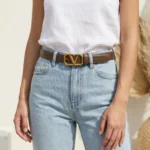 Women's Brown Leather Belt with Gold V Logo Buckle (5)