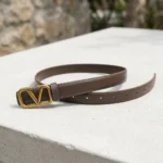Women's Brown Leather Belt with Gold V Logo Buckle (6)