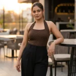 Women’s Brown Polka Dot Halter Neck Bodysuit with Square Neckline (1)