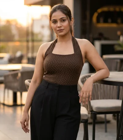 Women’s Brown Polka Dot Halter Neck Bodysuit with Square Neckline (1)