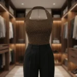 Women’s Brown Polka Dot Halter Neck Bodysuit with Square Neckline (2)