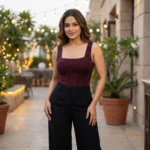 Women’s Burgundy Square Neck Bodysuit with Silver Rhinestone Embellishment (2)