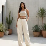 Women's High Waist Off White Wide Leg Denim Trousers with Twill Texture (1)