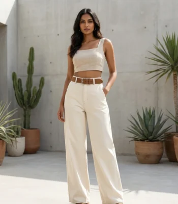 Women's High Waist Off White Wide Leg Denim Trousers with Twill Texture (1)