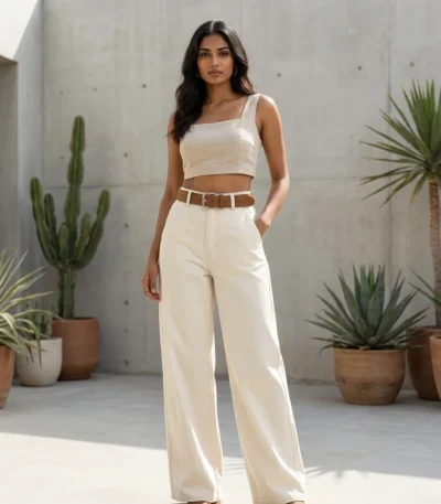 Women's High Waist Off White Wide Leg Denim Trousers with Twill Texture (1)