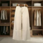 Women's High Waist Off White Wide Leg Denim Trousers with Twill Texture (3)