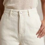 Women's High Waist Off White Wide Leg Denim Trousers with Twill Texture (4)