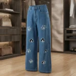 Women’s High Waist Wide Leg Blue Denim Jeans with White Floral Embroidery and Rhinestone Details (1)