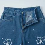 Women’s High Waist Wide Leg Blue Denim Jeans with White Floral Embroidery and Rhinestone Details (2)