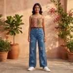 Women’s High Waist Wide Leg Blue Denim Jeans with White Floral Embroidery and Rhinestone Details (5)